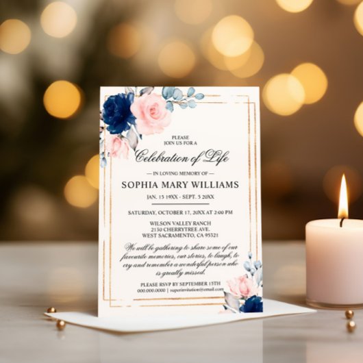 Navy Blue & Blush Roos begrafenis Kaart