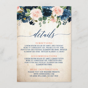 Navy Blue Blush Roos Boho rustieke bruiloft Detail Informatiekaartje