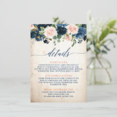 Navy Blue Blush Roos Boho rustieke bruiloft Detail Informatiekaartje (Staand voorkant)