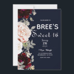 Navy Blue Blush Roos & Burgundy Floral Sweet 16 Kaart<br><div class="desc">aanpassen voor elke gebeurtenis</div>