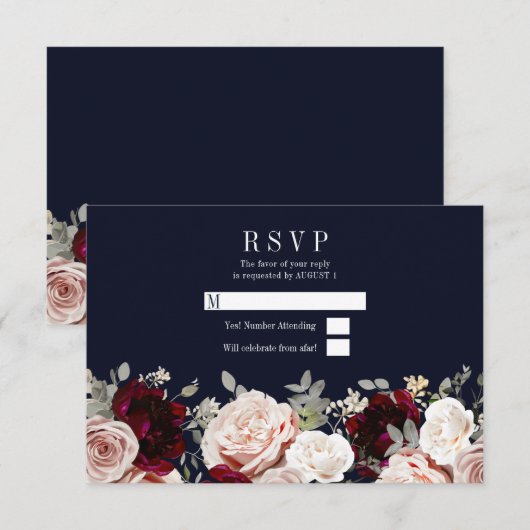 Navy Blue Blush Roos Burgundy Floral Wedding RSVP Kaart (Voorkant / Achterkant)