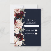 Navy Blue Blush Roos Burgundy Floral Wedding RSVP Kaart (Voorkant)