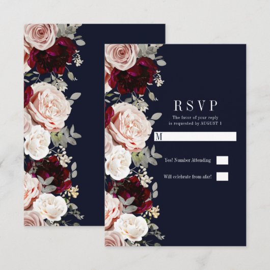Navy Blue Blush Roos Burgundy Floral Wedding RSVP Kaart (Voorkant / Achterkant)