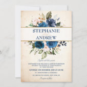 Navy Blue Blush Roos Floral Rustic Country Weddens Kaart (Voorkant)