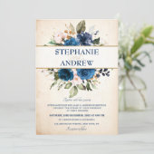 Navy Blue Blush Roos Floral Rustic Country Weddens Kaart (Staand voorkant)