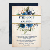 Navy Blue Blush Roos Floral Rustic Country Weddens Kaart (Voorkant / Achterkant)