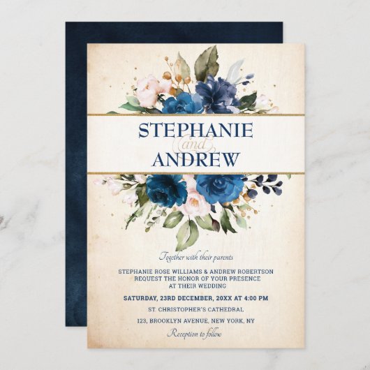 Navy Blue Blush Roos Floral Rustic Country Weddens Kaart (Voorkant / Achterkant)