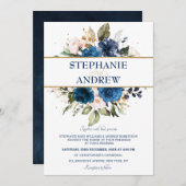 Navy Blue Blush Roos Floral Rustic Country Weddens Kaart (Voorkant / Achterkant)