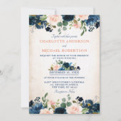 Navy Blue Blush Roos Floral Rustic Country Weddens Kaart (Voorkant)