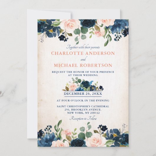 Navy Blue Blush Roos Floral Rustic Country Weddens Kaart (Voorkant)