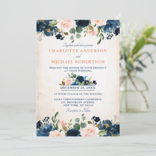Navy Blue Blush Roos Floral Rustic Country Weddens Kaart (Staand voorkant)