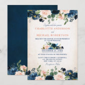 Navy Blue Blush Roos Floral Rustic Country Weddens Kaart (Voorkant / Achterkant)