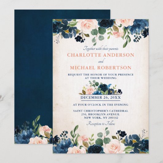 Navy Blue Blush Roos Floral Rustic Country Weddens Kaart (Voorkant / Achterkant)