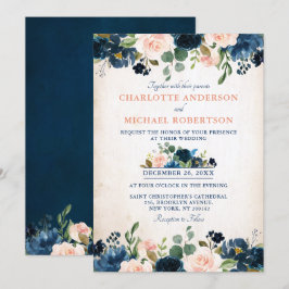 Navy Blue Blush Roos Floral Rustic Country Weddens Kaart