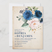 Navy Blue Blush Roos Floral Rustic Country Weddens Kaart (Voorkant)