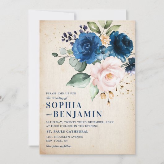 Navy Blue Blush Roos Floral Rustic Country Weddens Kaart (Voorkant)