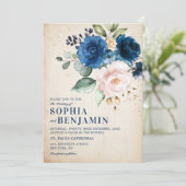 Navy Blue Blush Roos Floral Rustic Country Weddens Kaart (Staand voorkant)