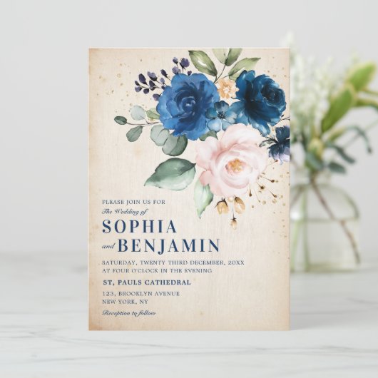 Navy Blue Blush Roos Floral Rustic Country Weddens Kaart (Staand voorkant)