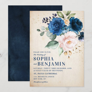 Navy Blue Blush Roos Floral Rustic Country Weddens Kaart