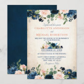 Navy Blue Blush Roos Floral Rustic Country Weddens Kaart (Voorkant / Achterkant)