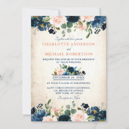 Navy Blue Blush Roos Floral Rustic Country Weddens Kaart