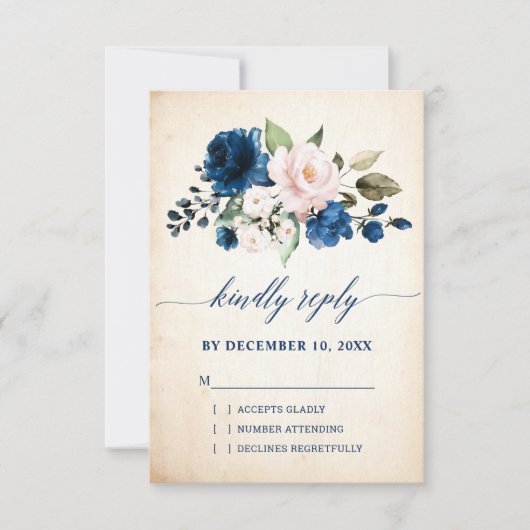 Navy Blue Blush Roos Floral Rustic Country Weddens RSVP Kaartje (Voorkant)