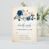 Navy Blue Blush Roos Floral Rustic Country Weddens RSVP Kaartje (Staand voorkant)