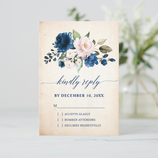 Navy Blue Blush Roos Floral Rustic Country Weddens RSVP Kaartje (Staand voorkant)
