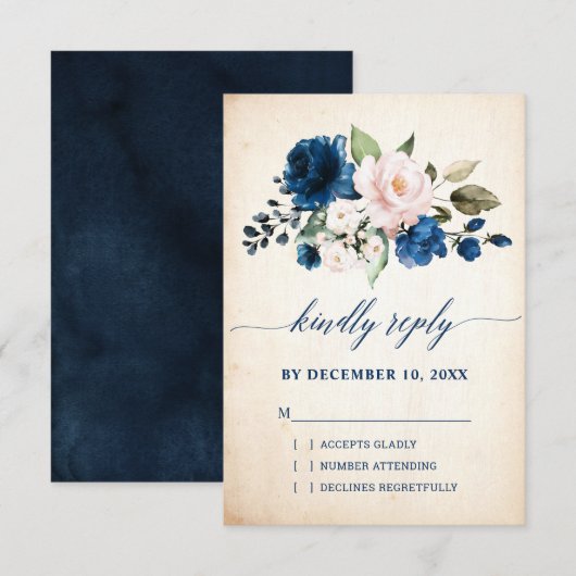 Navy Blue Blush Roos Floral Rustic Country Weddens RSVP Kaartje (Voorkant / Achterkant)