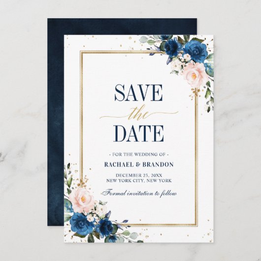 Navy Blue Blush Roos Geometric Save the date (Voorkant / Achterkant)