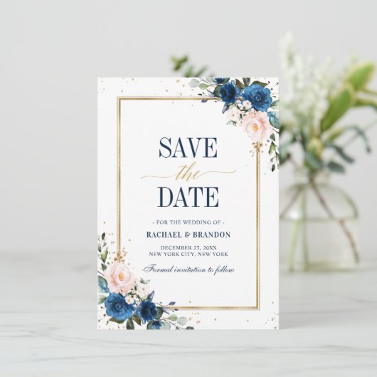 Navy Blue Blush Roos Geometric Save the date (Staand voorkant)
