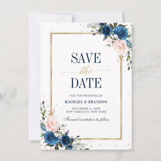 Navy Blue Blush Roos Geometric Save the date (Voorkant)