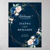 Navy Blue Blush Roos Geometric Wedding Welcome Pos Poster (Voorkant)