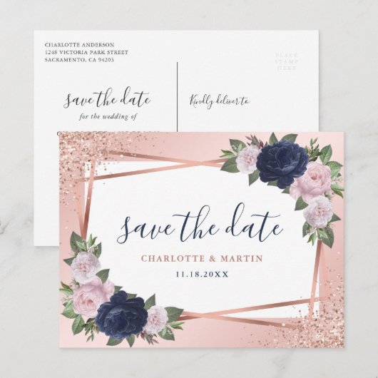 Navy Blue Blush Roos Gold Floral Geometric Wedding Aankondigingskaart (Voorkant / Achterkant)