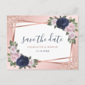 Navy Blue Blush Roos Gold Floral Geometric Wedding Aankondigingskaart (Voorkant)