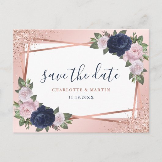 Navy Blue Blush Roos Gold Floral Geometric Wedding Aankondigingskaart (Voorkant)