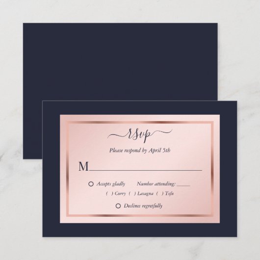 Navy Blue Blush Roos Gold Wedding RSVP Kaartje (Voorkant / Achterkant)