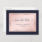 Navy Blue Blush Roos Gold Wedding Save the Date Aankondigingskaart (Voorkant / Achterkant)