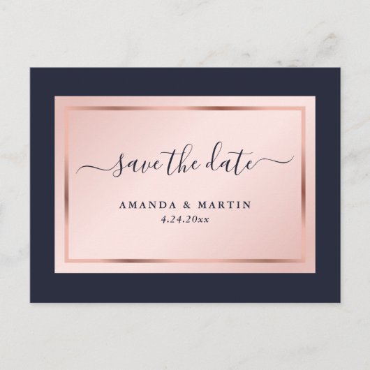 Navy Blue Blush Roos Gold Wedding Save the Date Aankondigingskaart (Voorkant)
