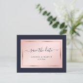 Navy Blue Blush Roos Gold Wedding Save the Date Aankondigingskaart (Staand voorkant)
