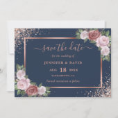 Navy Blue Blush Roos Goud Glitter Bloemen Bruiloft Save The Date (Voorkant)