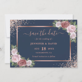 Navy Blue Blush Roos Goud Glitter Bloemen Bruiloft Save The Date