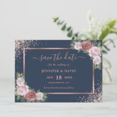 Navy Blue Blush Roos Goud Glitter Bloemen Bruiloft Save The Date (Staand voorkant)