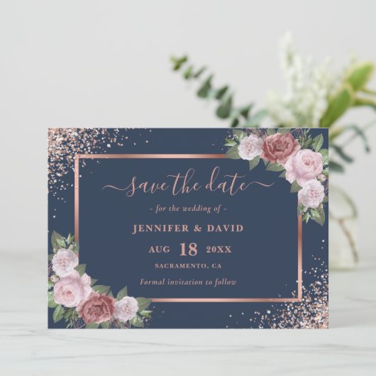 Navy Blue Blush Roos Goud Glitter Bloemen Bruiloft Save The Date (Staand voorkant)