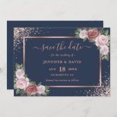 Navy Blue Blush Roos Goud Glitter Bloemen Bruiloft Save The Date (Voorkant / Achterkant)