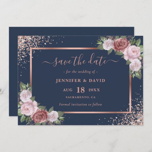 Navy Blue Blush Roos Goud Glitter Bloemen Bruiloft Save The Date (Voorkant / Achterkant)