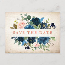 Navy Blue Blush Roos Rustic Boho Save the Date Aankondigingskaart