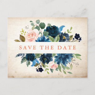 Navy Blue Blush Roos Rustic Boho Save the Date Aankondigingskaart