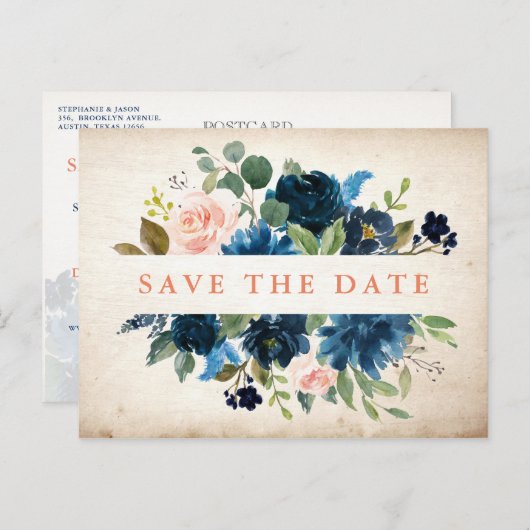 Navy Blue Blush Roos Rustic Boho Save the Date Aankondigingskaart (Voorkant / Achterkant)