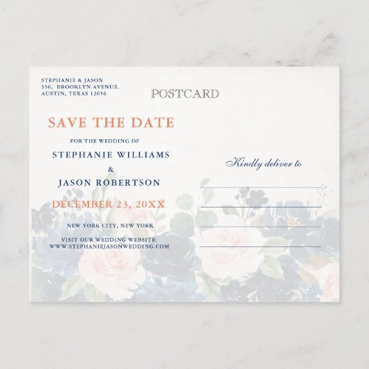 Navy Blue Blush Roos Rustic Boho Save the Date Aankondigingskaart (Achterkant)